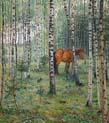 horse between birches